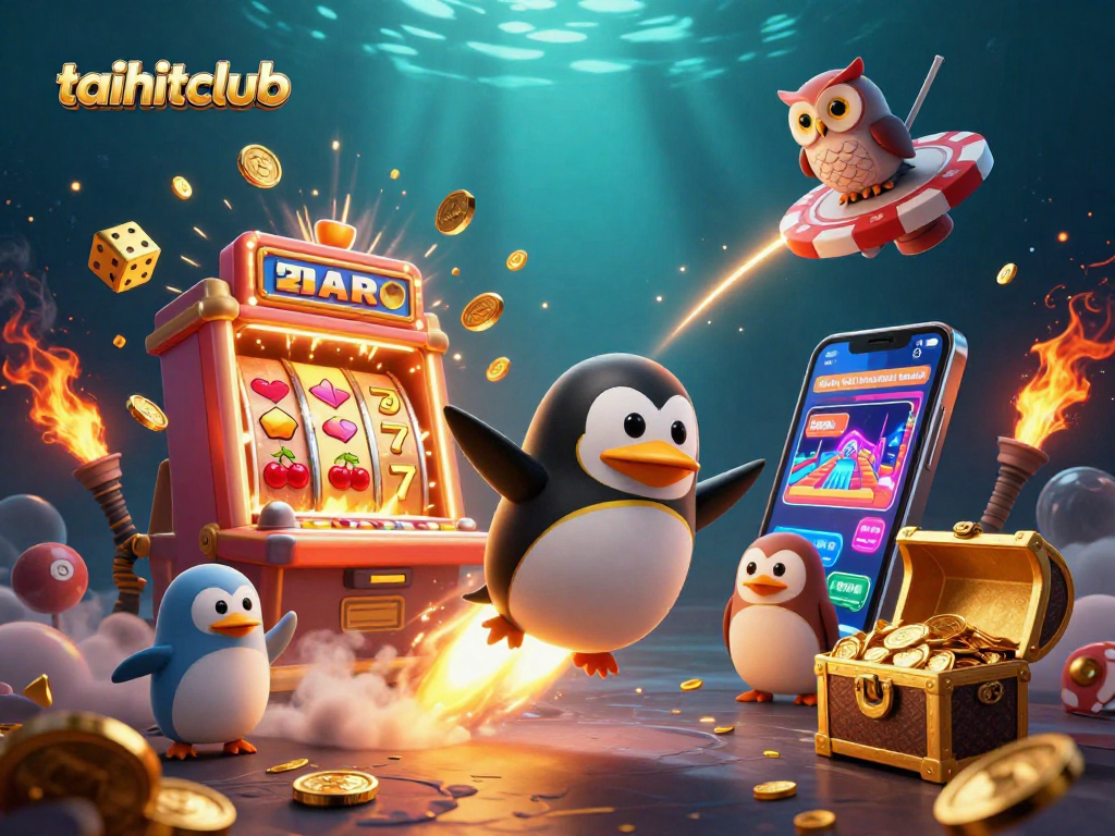 Experience thrilling excitement at taihitclub with a vibrant illustration of the golden penguin in a casino space adventure.