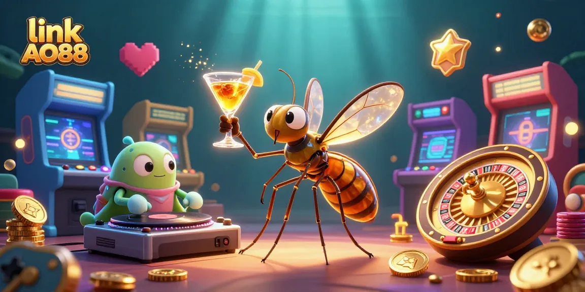 Experience gaming excitement with link AO88 as a frozen mosquito mascot in a vibrant casino scene.