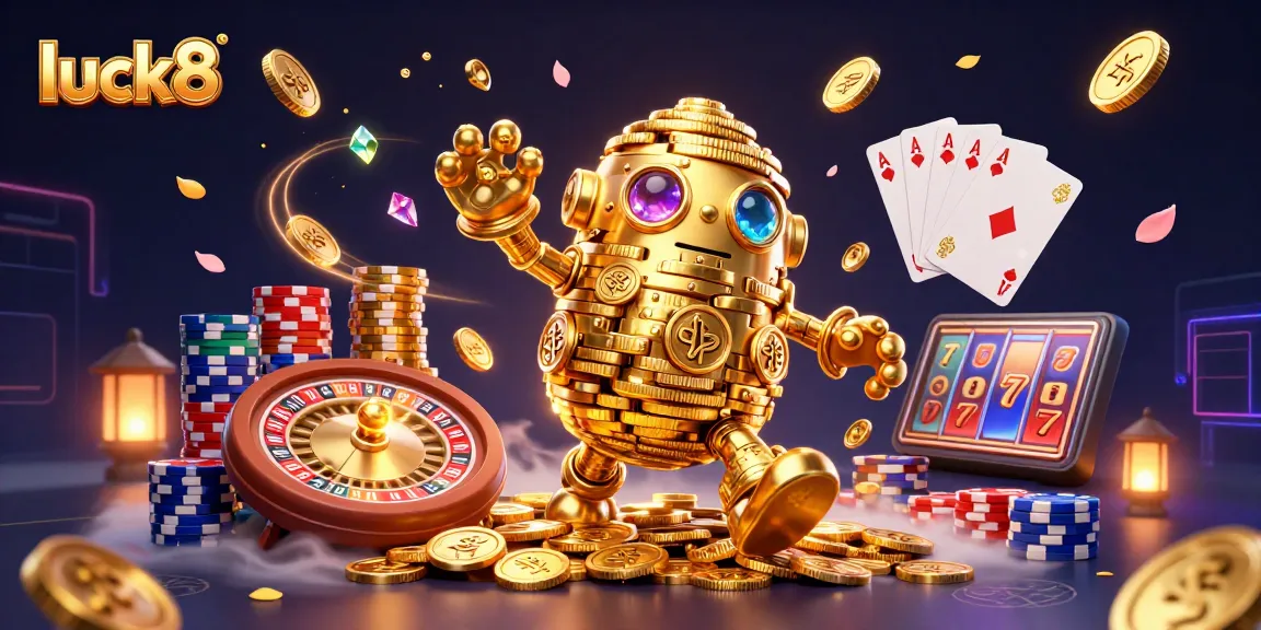 Experience luck8 with golden golem and dazzling casino elements in a vibrant 3D illustration.