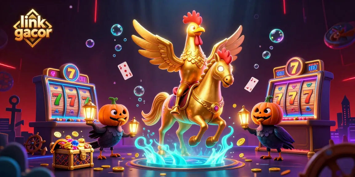 Engage with link gacor illustration featuring a golden rooster rides through a vibrant casino amidst rich game elements.