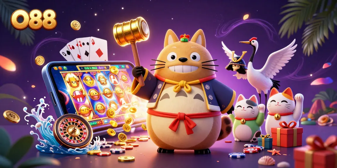 Engage with slot games at O88 featuring a cheerful raccoon and fortune cats amidst vibrant casino elements.