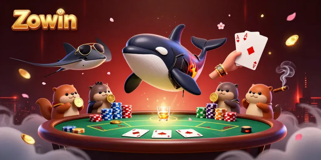 Experience the thrill of Zowin with animated characters celebrating casino wins and surrounded by vibrant game elements.