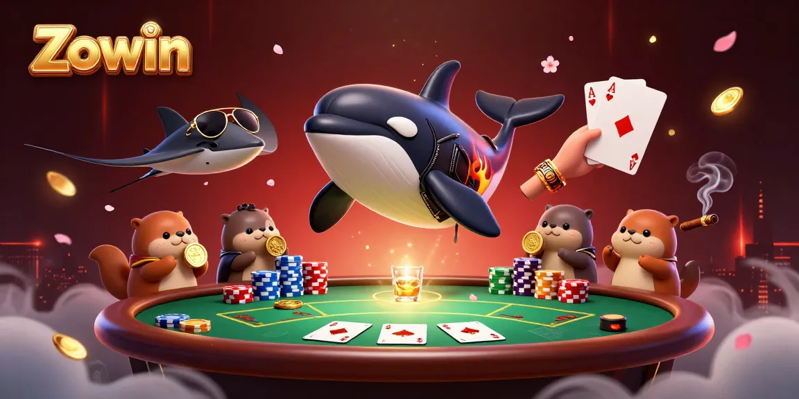 Experience the thrill of Zowin with animated characters celebrating casino wins and surrounded by vibrant game elements.