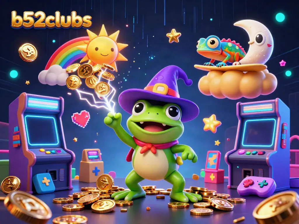 Win big at b52clubs with vibrant casino characters creating a golden coin storm in a dynamic gaming environment.