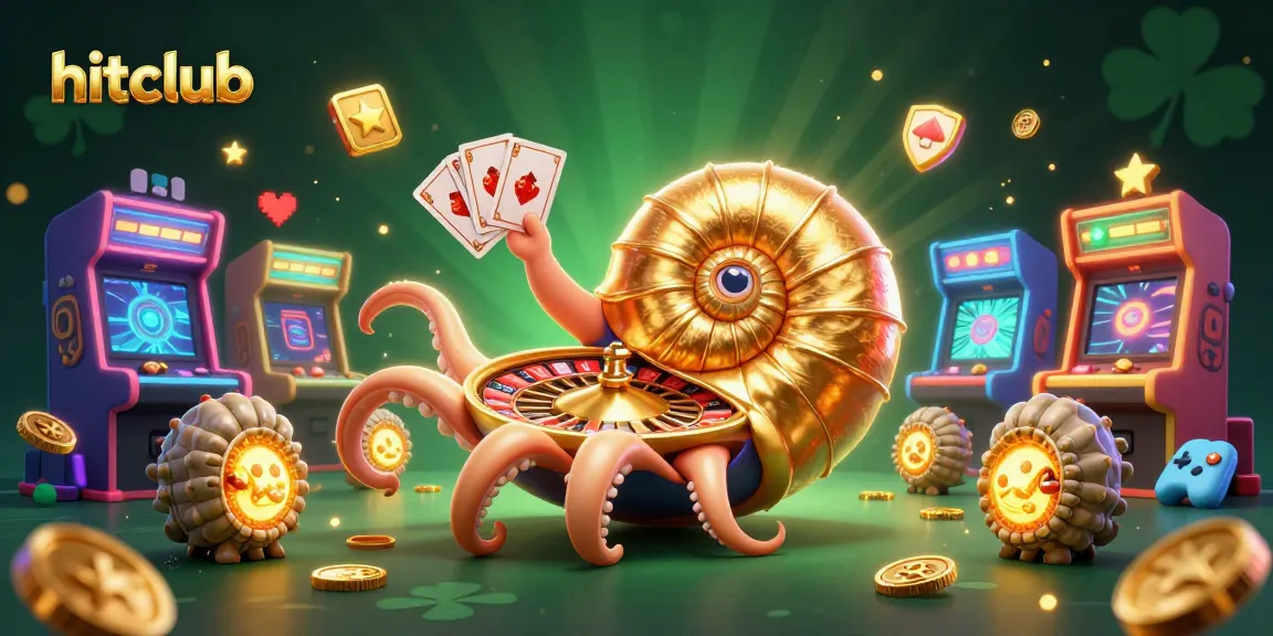 Hitclub showcases a vibrant 3D scene with a giant nautilus roulette wheel surrounded by gaming elements.