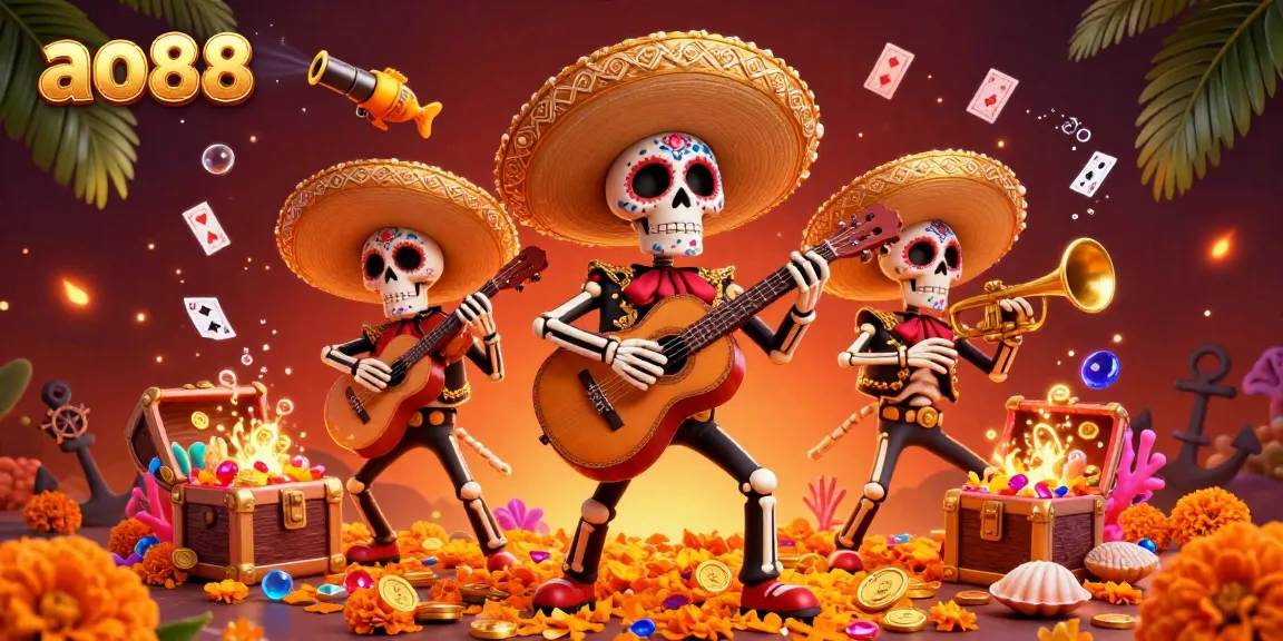 Experience the exciting gameplay at ao88's vibrant mariachi-themed casino illustration, showcasing music and treasure.