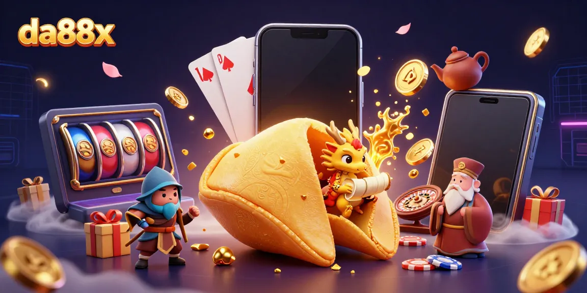 Engage with da88x's immersive casino universe featuring a golden cookie, dragon, and dynamic gaming elements.