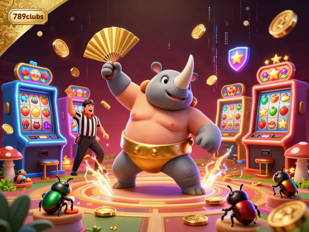 Play thrilling games at 789clubs with exciting golden coins and cartoon beetle champions in a colorful slot scene.