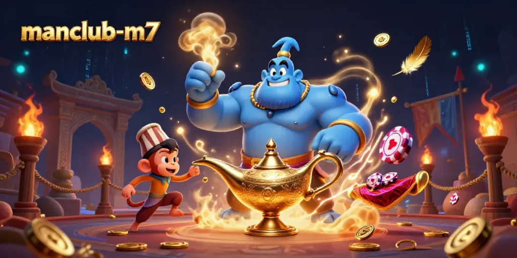 Engage in action with manclub-m7's thrilling 3D casino scene featuring a magical genie and animated elements.