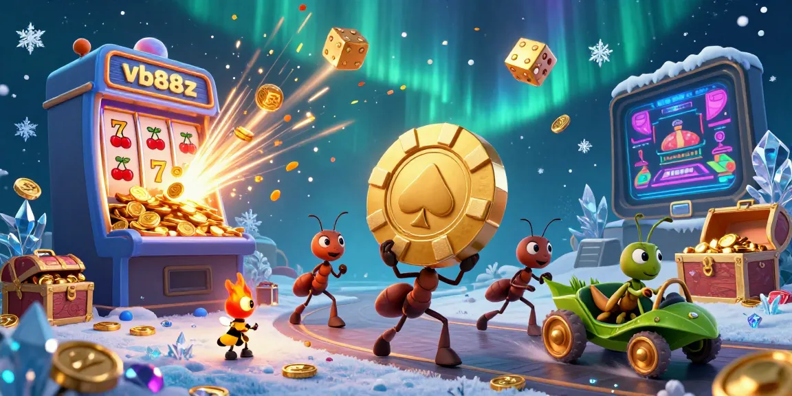 Experience thrill at vb88z with a heist scene led by ants carrying a golden poker chip amidst casino chaos.