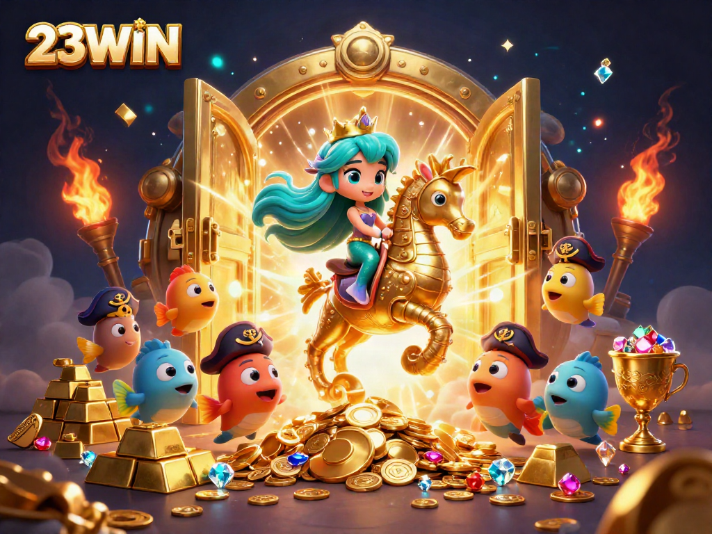 Win big with 23WIN in this vibrant 3D cartoon casino scene featuring treasures and a fun atmosphere.