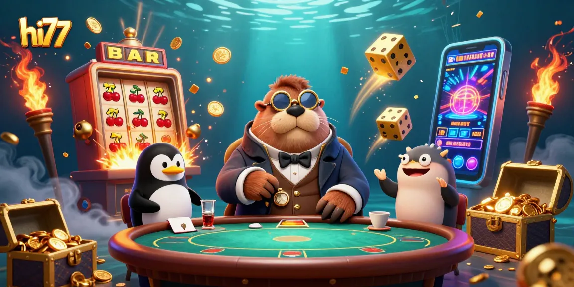 Experience thrilling gameplay at hi77 with a jolly walrus and sophisticated dealer at an exciting underwater casino table!