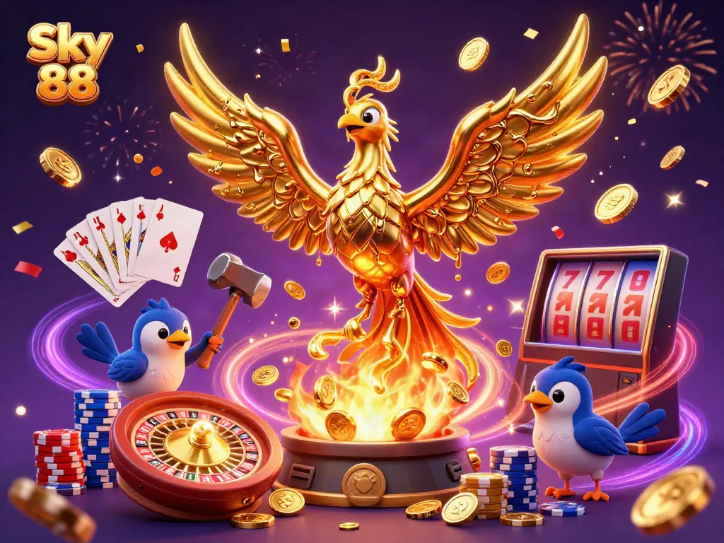Experience the excitement of Sky 88 as a golden phoenix rises amid casino treasures like coins and cards.
