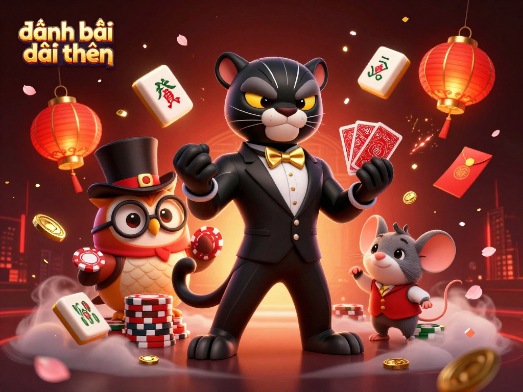 Engage in đánh bài đổi thưởng with a stylish panther dealer, owl, and lucky mouse in a vibrant 3D scene.