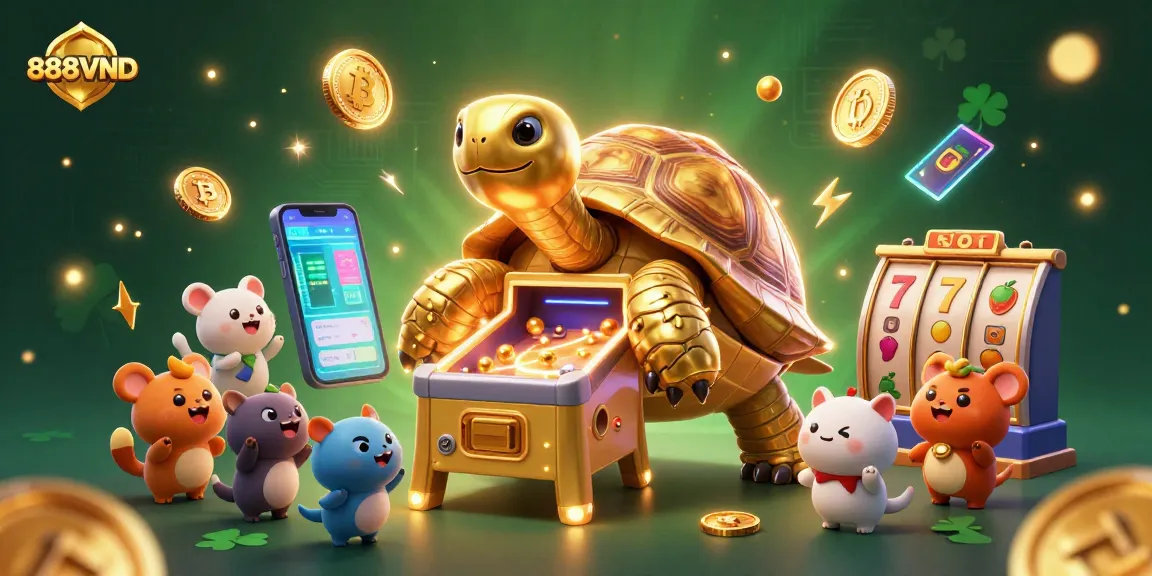 Experience the thrills of 888VND casino with golden tortoise and vibrant slot reels in action!