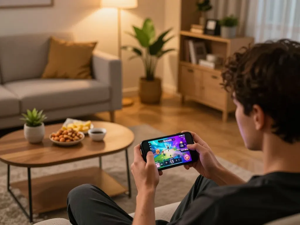 Player engaged with the Hitclub app on smartphone, surrounded by a cozy gaming setup.