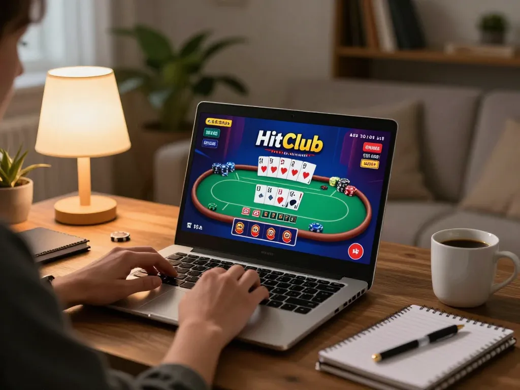Person enjoying a poker game on Hitclub in a cozy home setting, highlighting strategic gameplay.