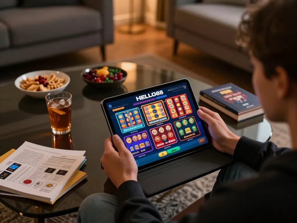 Player enjoying HELLO88 casino app on a tablet at home, blending casual gaming and strategy.