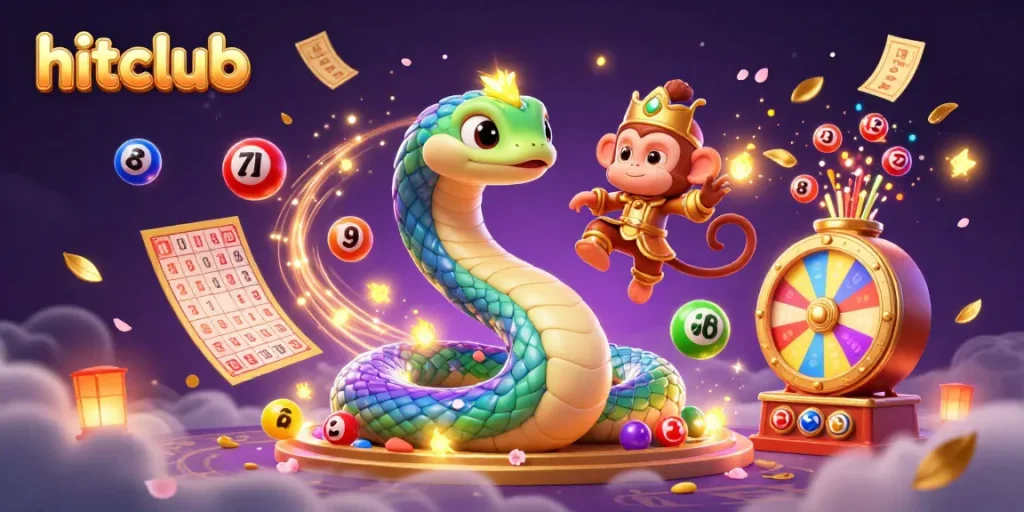 Hitclub offers vibrant lottery excitement with colorful balls, a winning monkey king, and dynamic golden elements.