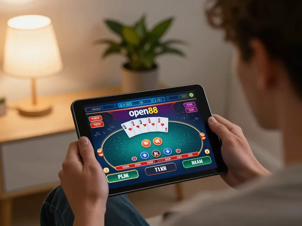 open88 online gaming session with a focused player using a tablet for casino games