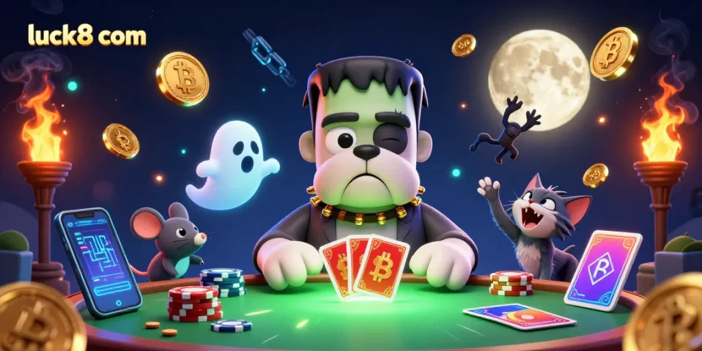 Win at luck8 com with a thrilling 3D illustration of a Frankenstein bulldog dealing cards at an eerie casino table.