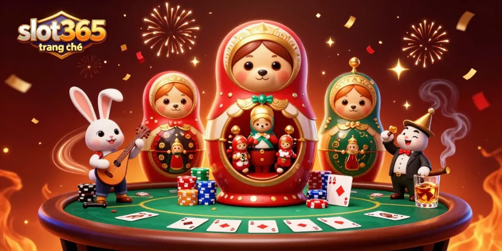 Experience thrill at slot365 trang chủ with colorful bears, poker chips, and festive decorations in a lively casino setting.