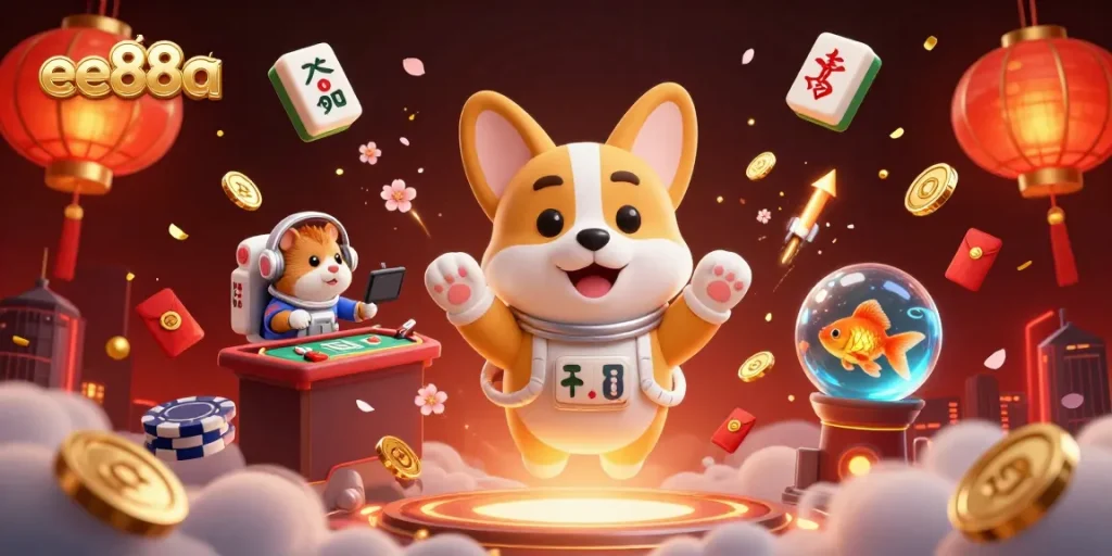 Engage with ee88a in a vibrant casino space with a floating corgi, hamster, and goldfish amidst dynamic gaming elements.