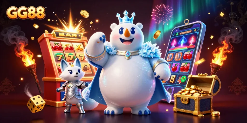 Experience thrilling wins with GG88 amidst a vibrant 3D casino scene packed with slot machines and coins.