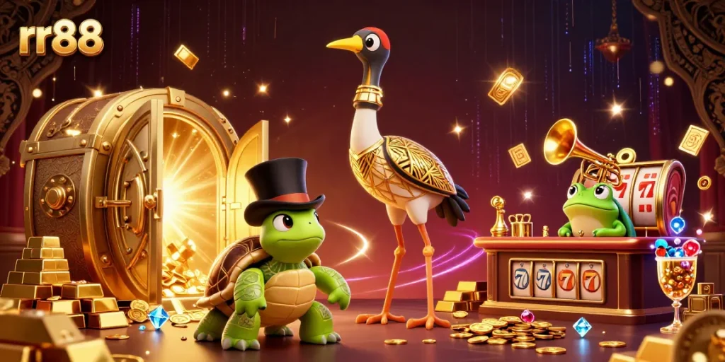 Experience the exciting rr88 casino with vibrant 3D characters surrounded by treasures and slot elements.