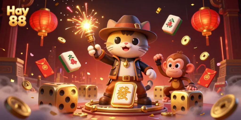 Experience the magic of Hay 88 as an adventurous cat uncovers hidden treasures in a vibrant casino temple.