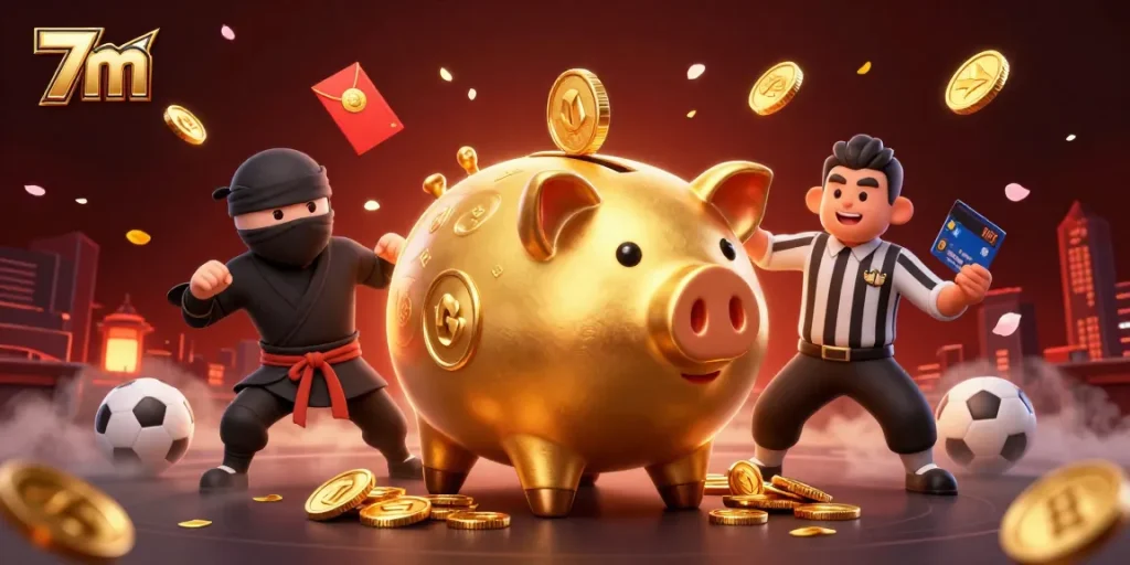 Experience thrilling sports betting with 7m as golden coins scatter in a vibrant casino scene.
