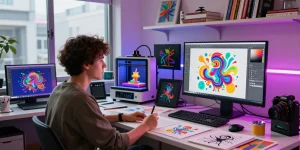 Artist generating NSFW AI images in a vibrant digital studio, showcasing creativity and technology.