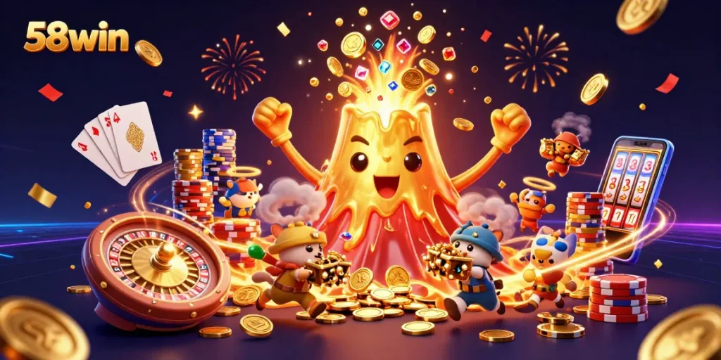 Experience thrilling wins with 58win's vibrant casino game scene featuring a treasure-laden volcano.