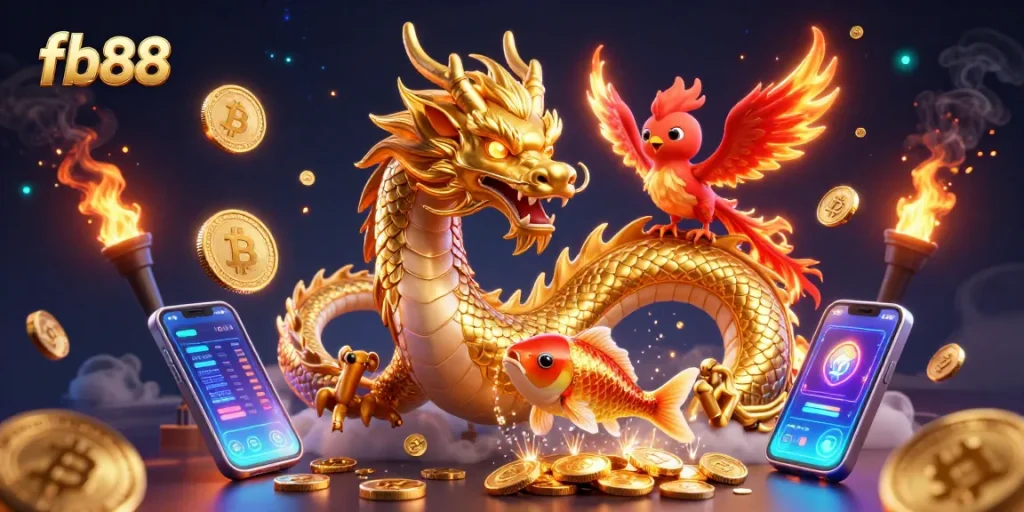 Engage in vibrant online gambling with fb88, featuring stunning visuals of a dragon and phoenix.