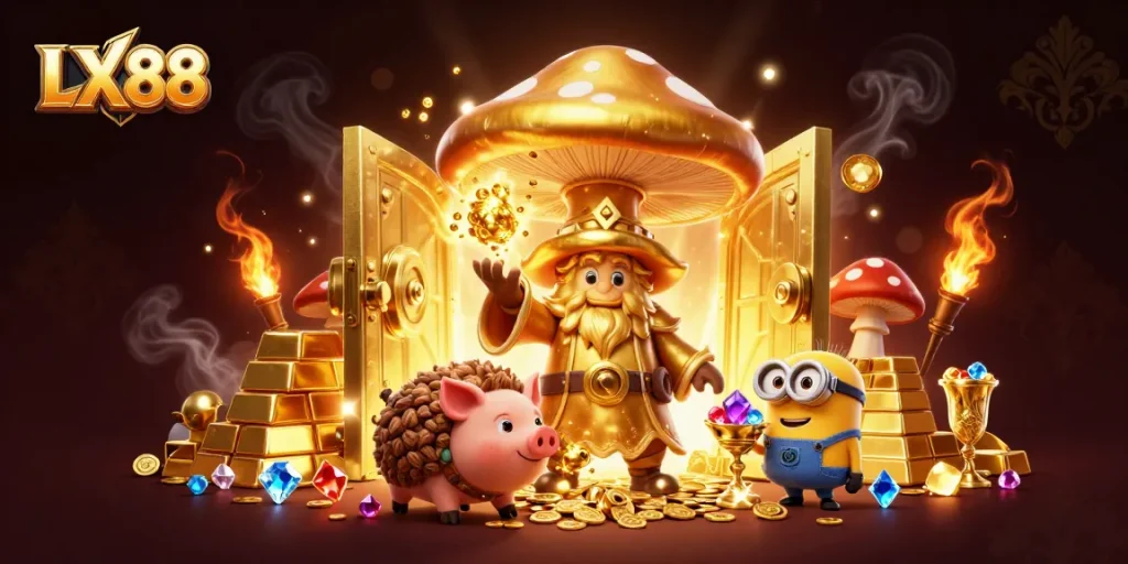 Explore thrilling winnings at LX88's vibrant casino, featuring enchanted characters and treasure.