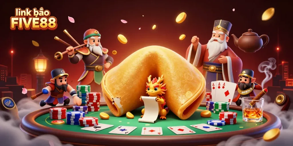 Enhance your gaming experience with link vào FIVE88, a vibrant casino illustration featuring dynamic game elements.