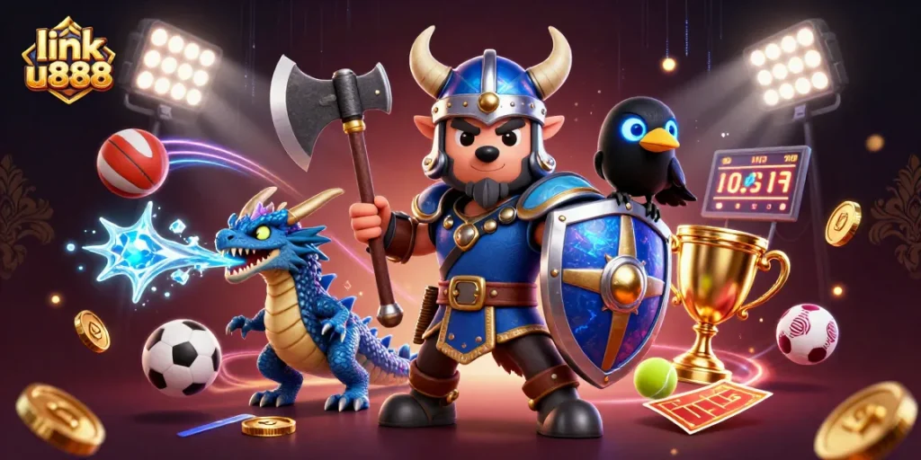Experience the thrill of link u888 as the Viking warrior, dragon, and raven engage in exciting gaming action amidst vibrant casino elements.