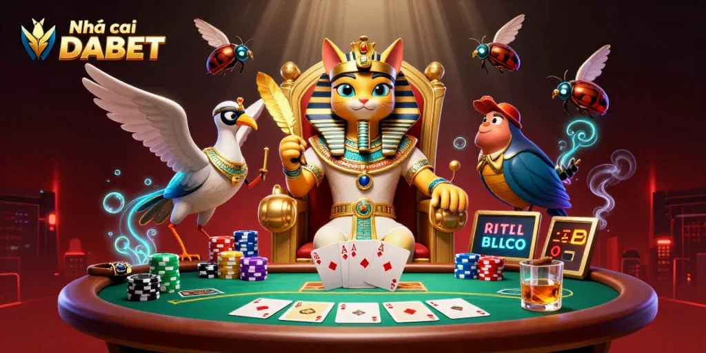 Experience high-stakes gaming action with Nhà cái DABET in a dynamic casino scene featuring eclectic characters.