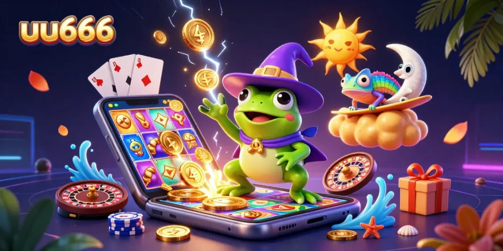 Engage with the thrilling uu666 slot game experience amidst a magical scene of vibrant characters.