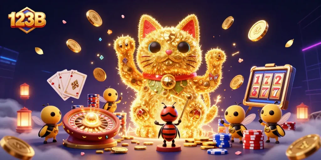 Engage with the exciting world of casino fun at 123B, featuring a dynamic golden lucky cat.