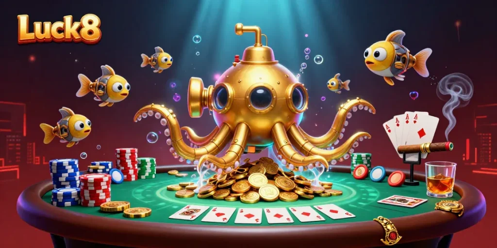Experience thrilling gameplay with Luck8 at a vibrant poker scene filled with dynamic elements.