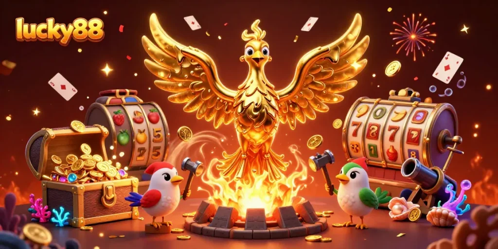 Experience exciting gameplay at lucky88 with a golden phoenix and treasure-filled casino scene.