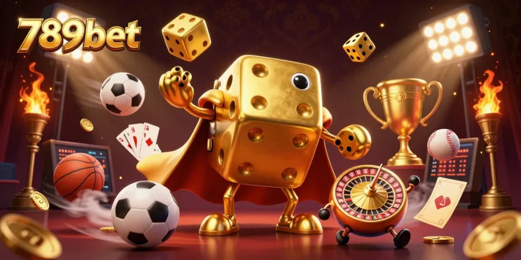 Experience thrilling action with 789bet's casino games featuring golden dice, sports balls, and high-stakes excitement.