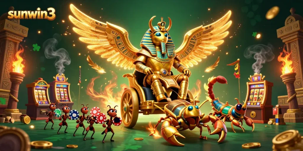 Engage with sunwin3 in this vivid illustration showcasing slot games, golden beetles, and dynamic gaming elements.