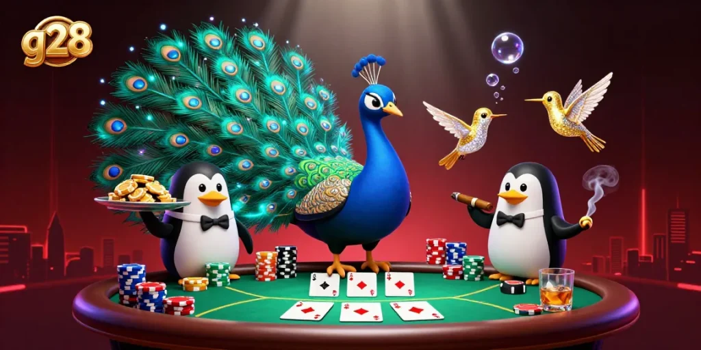 g28 showcases a vibrant scene of poker action featuring an aristocratic peacock and dynamic game elements.