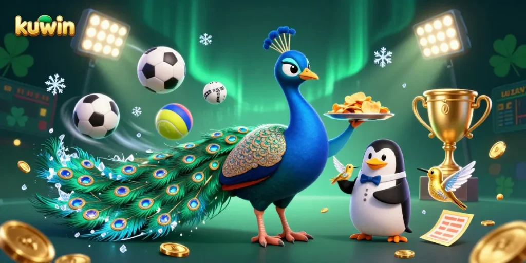 Kuwin casino image features a peacock, penguin, and hummingbird amidst sports betting elements.