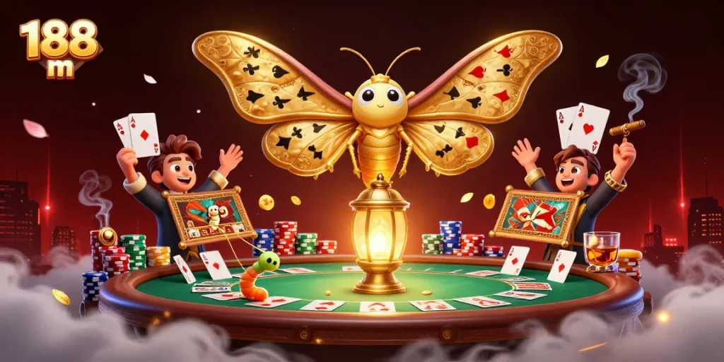 Play casino games with 188 m in an enchanting 3D scene featuring an atlas moth and vibrant poker elements.
