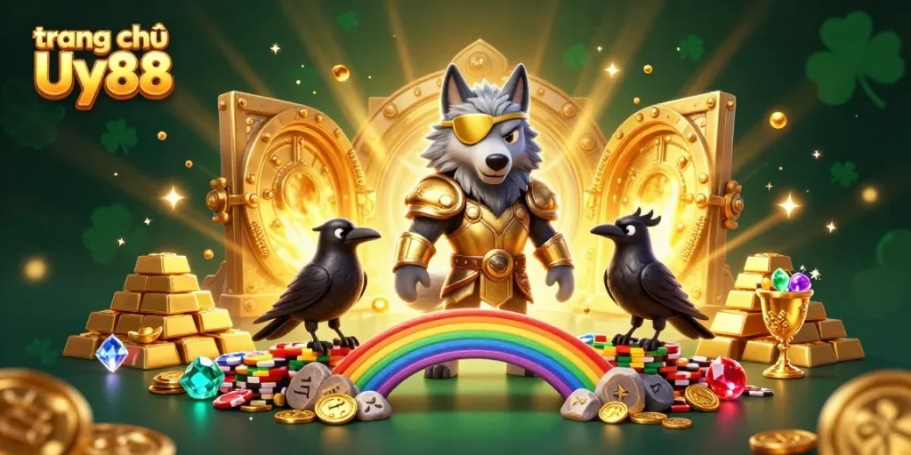 Play slots and win at trang chủ Uy88 with Odin and ravens by the casino chip bridge.