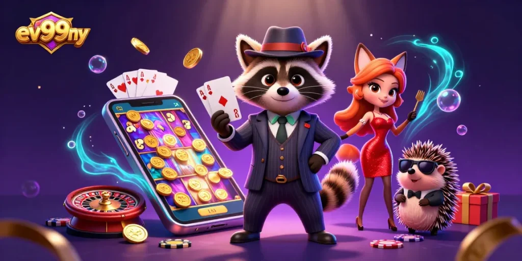 Experience thrilling wins at ev99ny with a charming raccoon and friends in a vibrant casino scene.