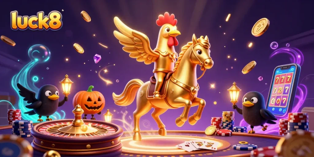 Play thrilling games at luck8 with a vibrant casino atmosphere filled with golden coins and excitement.